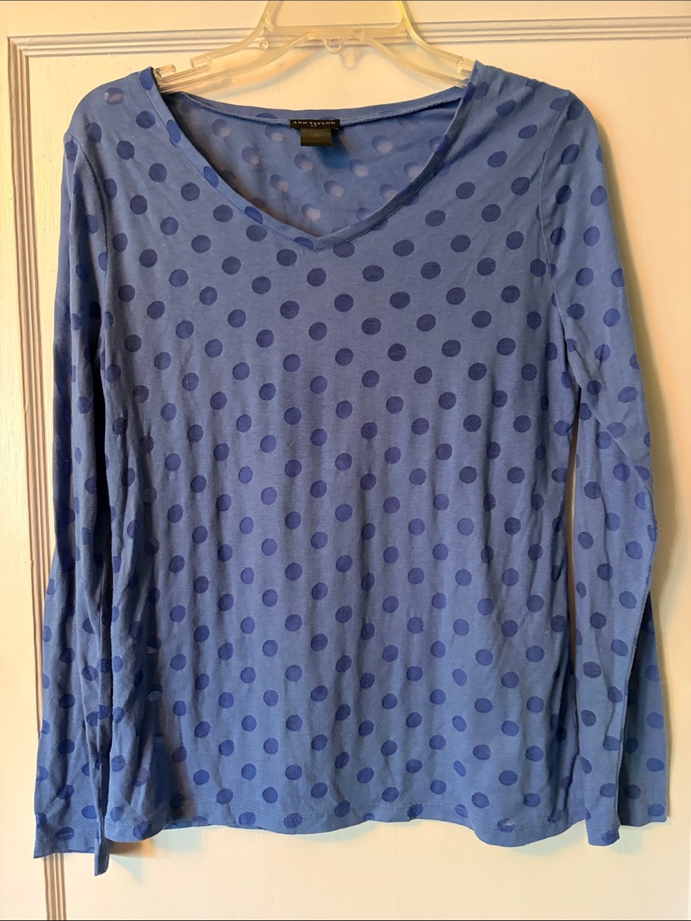 Ann Taylor Blue Polka Dot Long-Sleeve V-Neck Top